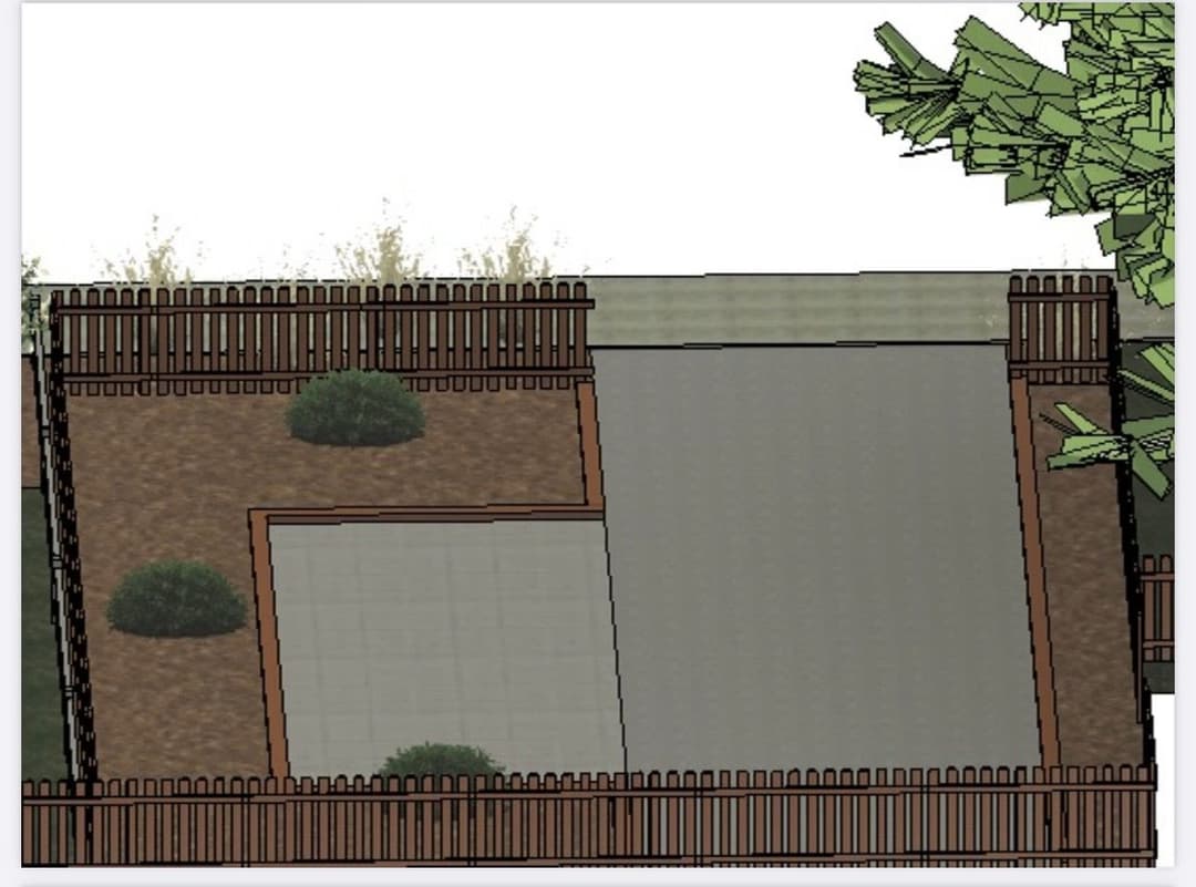 Top-down view of a landscaped backyard with fenced areas, garden beds, and pathways.