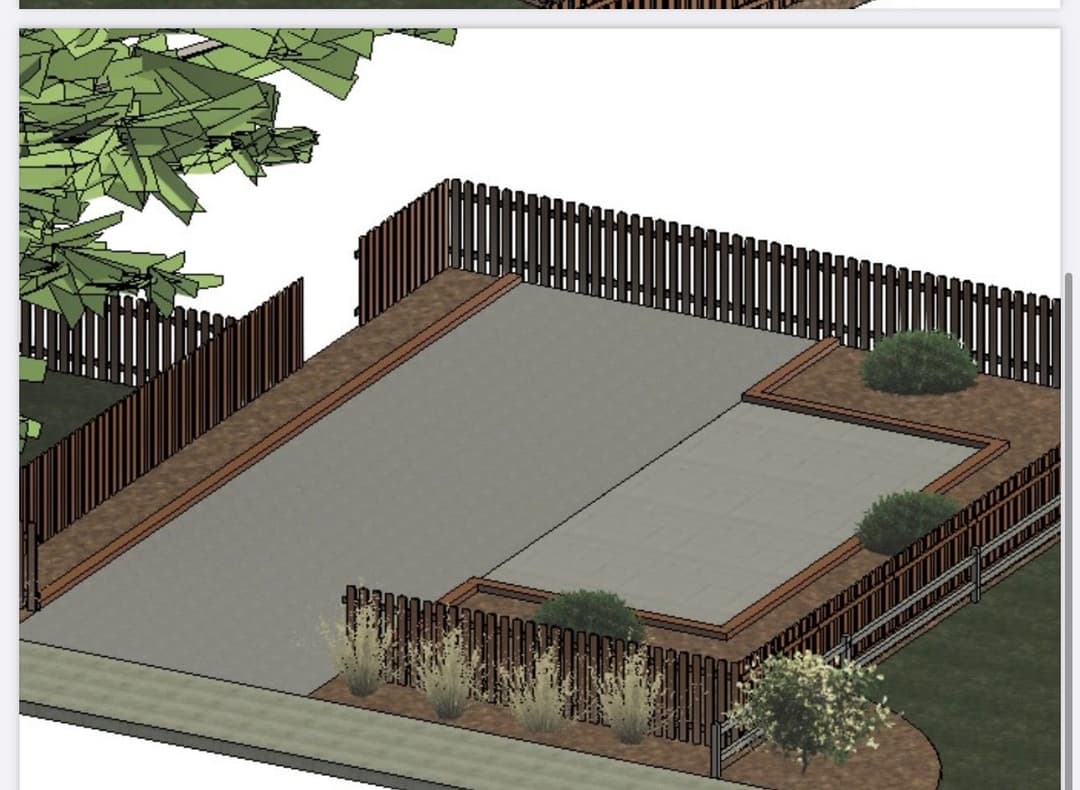 3D rendering of a landscaped backyard with a pool area, surrounded by a wooden fence and greenery.